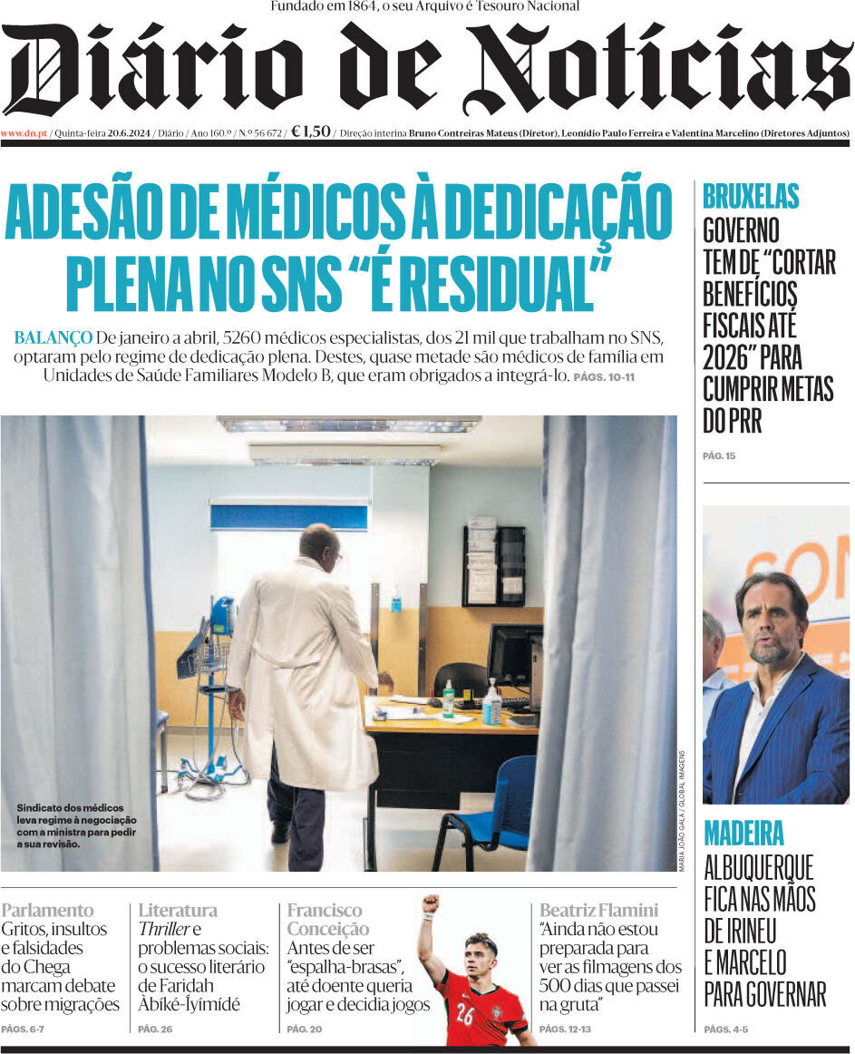 Di&aacute;rio de Not&iacute;cias: Capa da Edi&ccedil;&atilde;o de quinta-feira, 20 de junho 2024