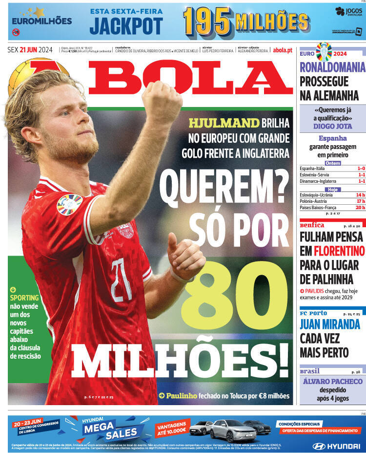 A Bola: Capa da Edi&ccedil;&atilde;o de sexta-feira, 21 de junho 2024
