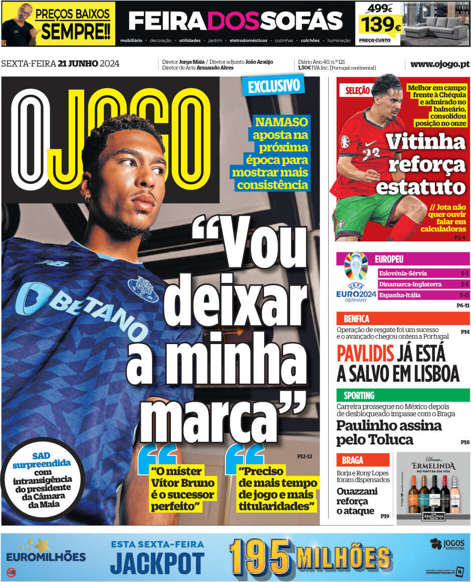 O Jogo: Capa da Edi&ccedil;&atilde;o de sexta-feira, 21 de junho 2024