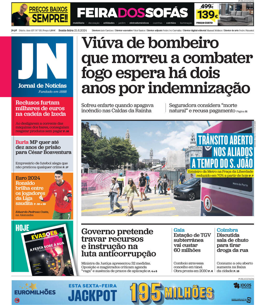 Jornal de Not&iacute;cias: Capa da Edi&ccedil;&atilde;o de sexta-feira, 21 de junho 2024