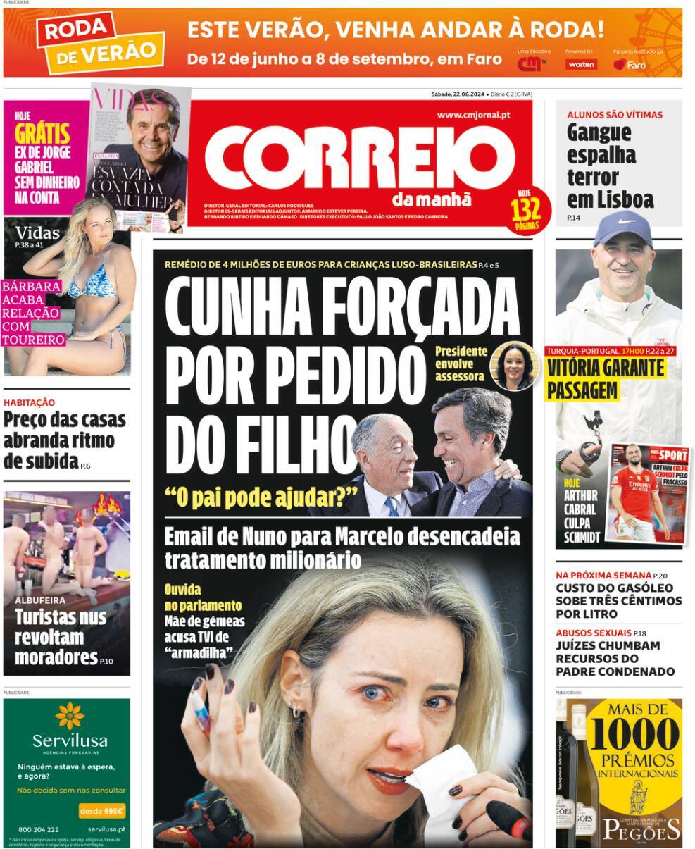 Correio da Manh&atilde;: Capa da Edi&ccedil;&atilde;o de s&aacute;bado, 22 de junho 2024