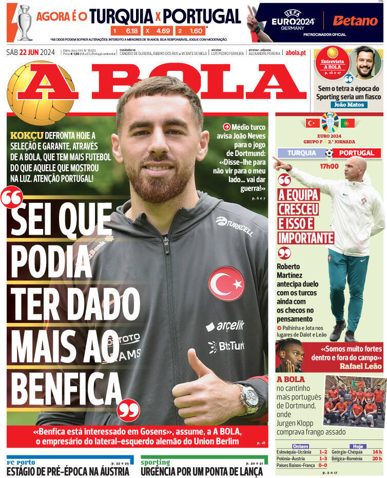 A Bola: Capa da Edi&ccedil;&atilde;o de s&aacute;bado, 22 de junho 2024