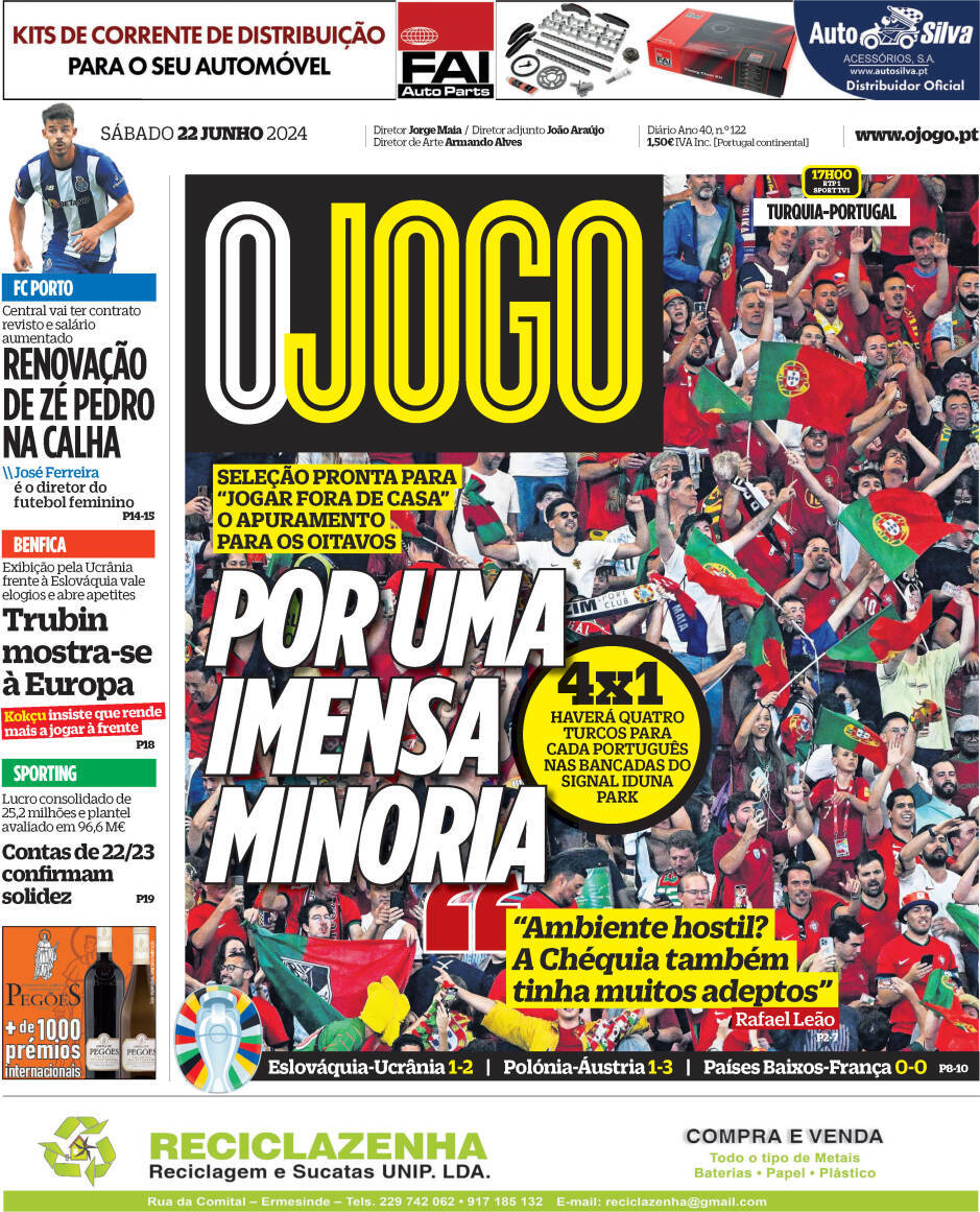 O Jogo: Capa da Edi&ccedil;&atilde;o de s&aacute;bado, 22 de junho 2024