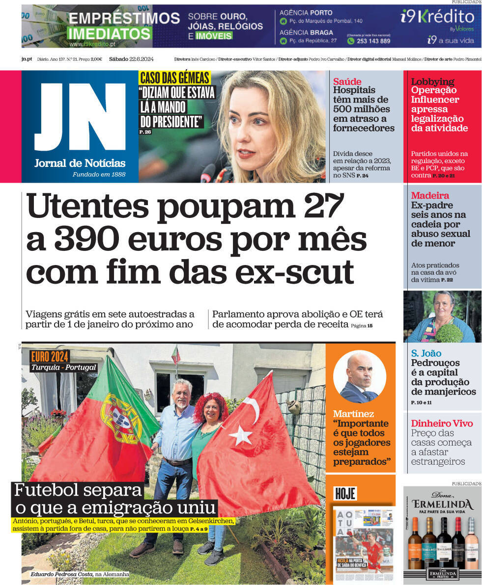 Jornal de Not&iacute;cias: Capa da Edi&ccedil;&atilde;o de s&aacute;bado, 22 de junho 2024