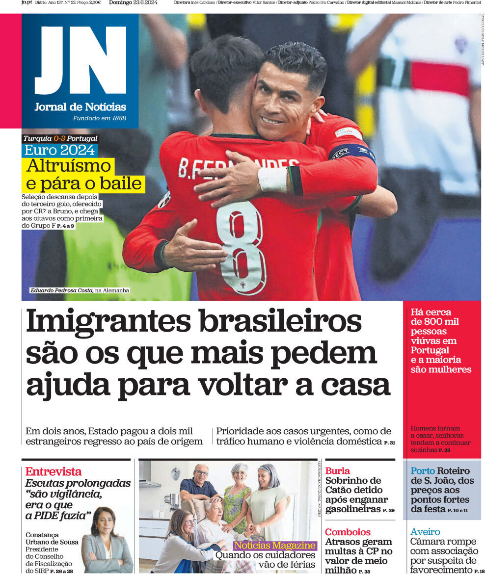 Jornal de Not&iacute;cias: Capa da Edi&ccedil;&atilde;o de domingo, 23 de junho 2024