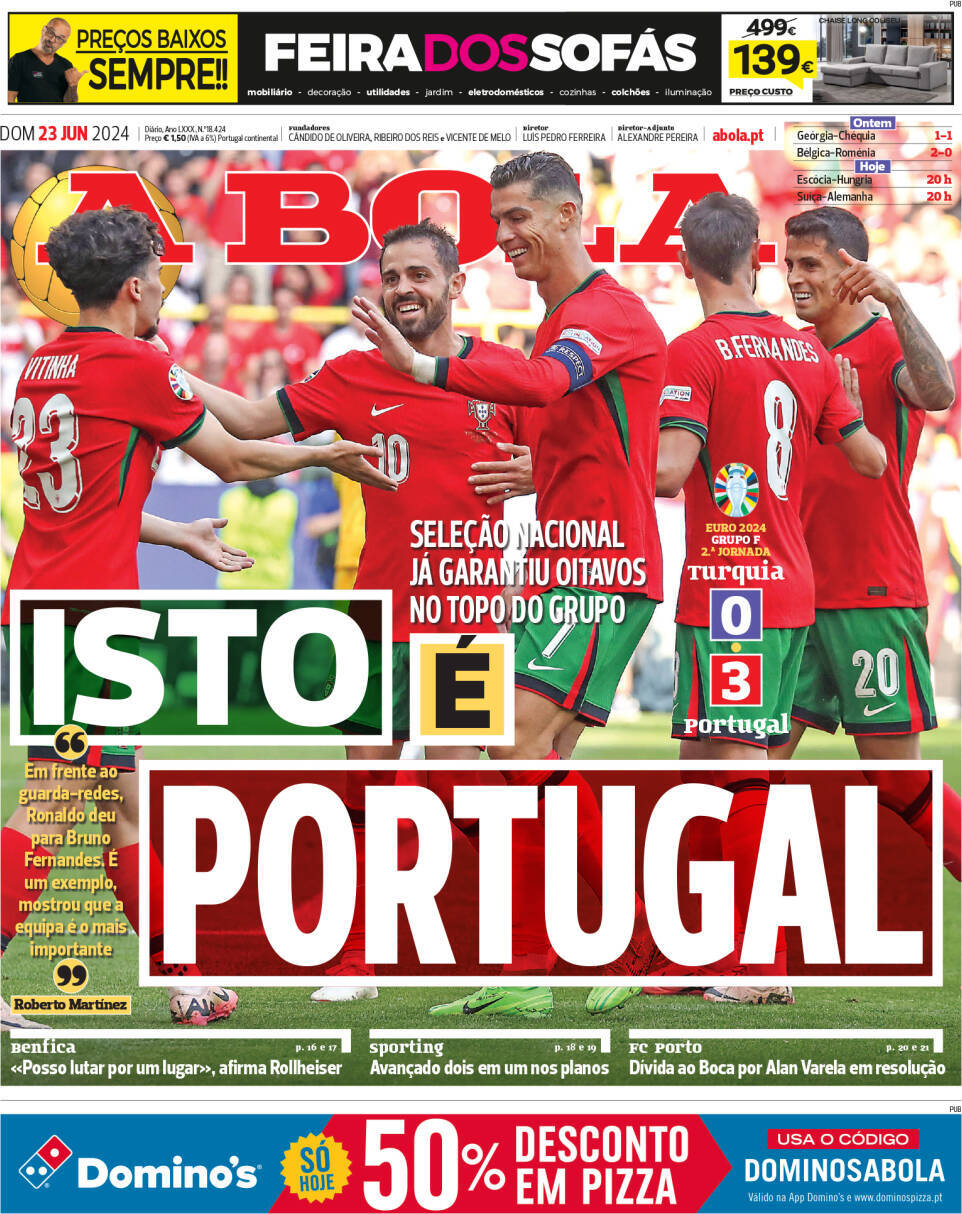 A Bola: Capa da Edi&ccedil;&atilde;o de domingo, 23 de junho 2024