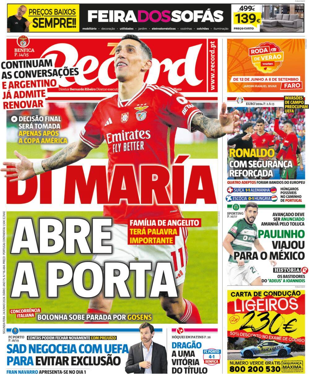 Record: Capa da Edi&ccedil;&atilde;o de segunda-feira, 24 de junho 2024