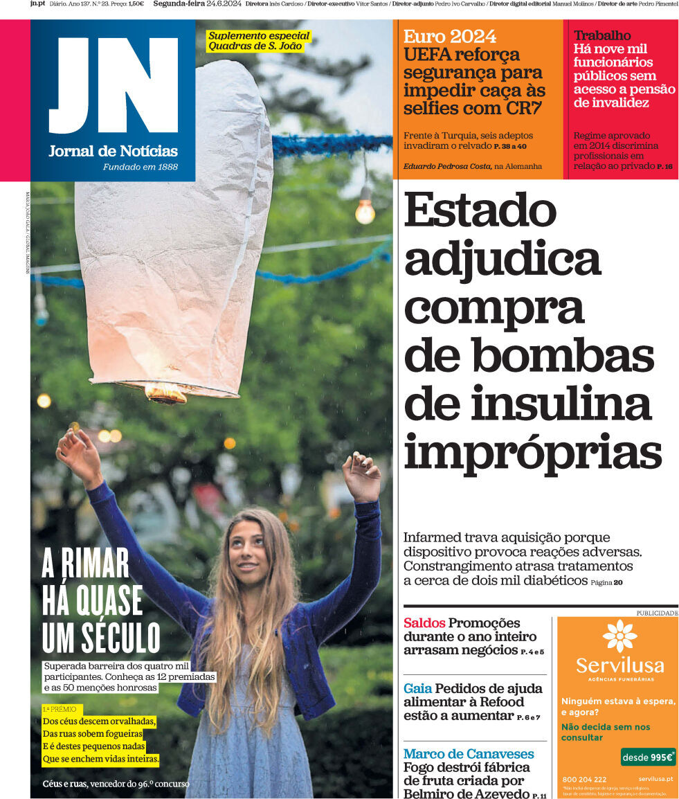 Jornal de Not&iacute;cias: Capa da Edi&ccedil;&atilde;o de segunda-feira, 24 de junho 2024