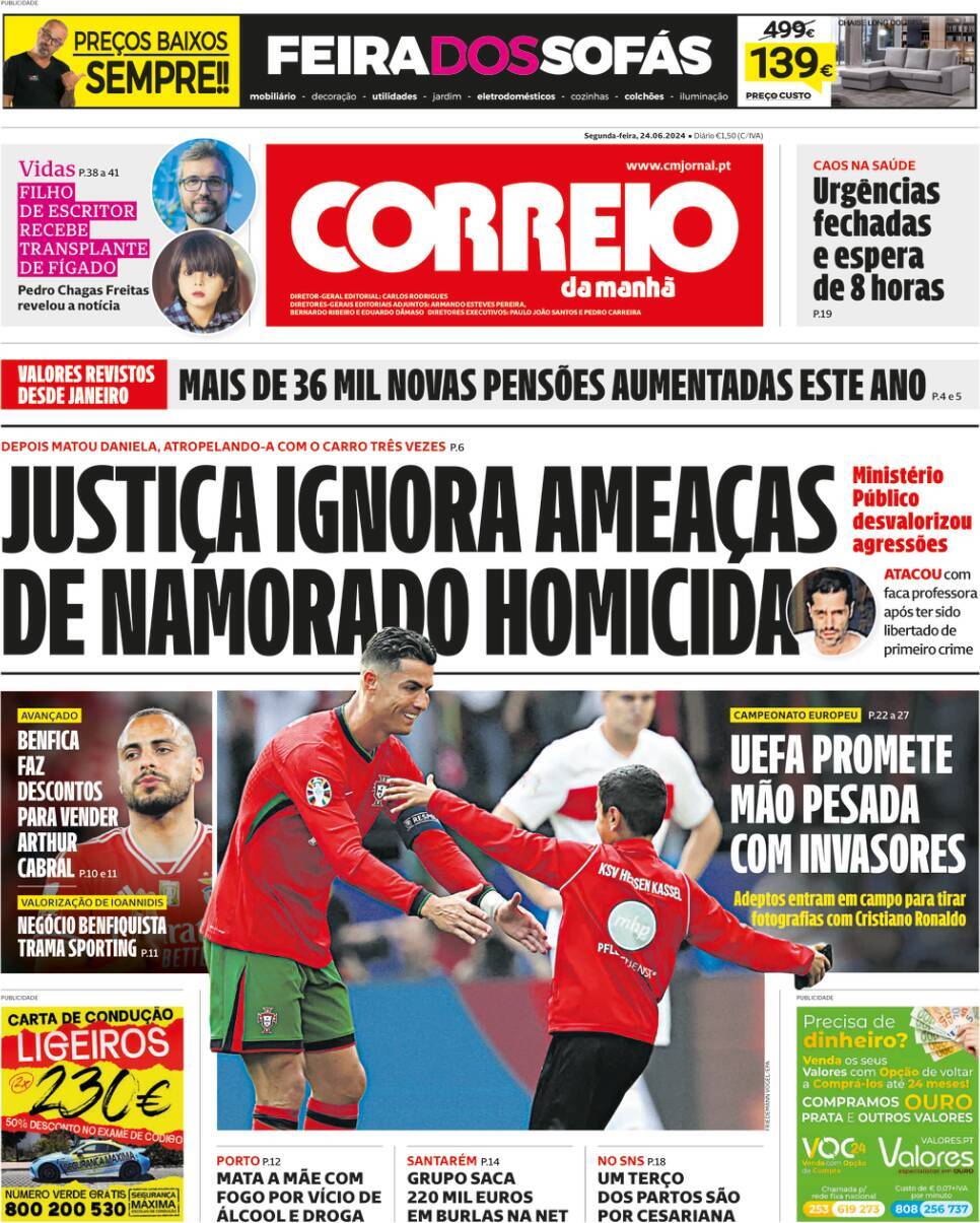 Correio da Manh&atilde;: Capa da Edi&ccedil;&atilde;o de segunda-feira, 24 de junho 2024