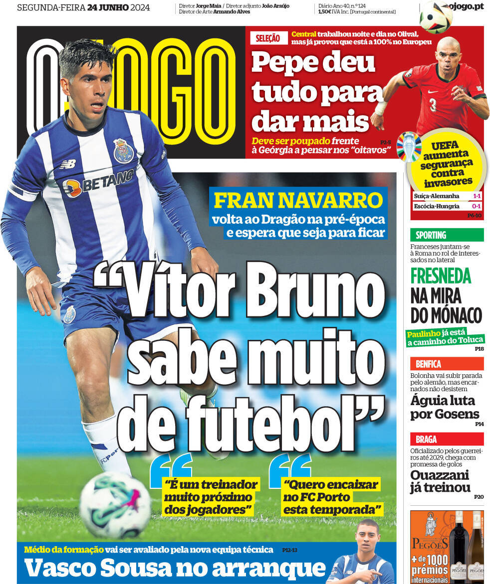 O Jogo: Capa da Edi&ccedil;&atilde;o de segunda-feira, 24 de junho 2024