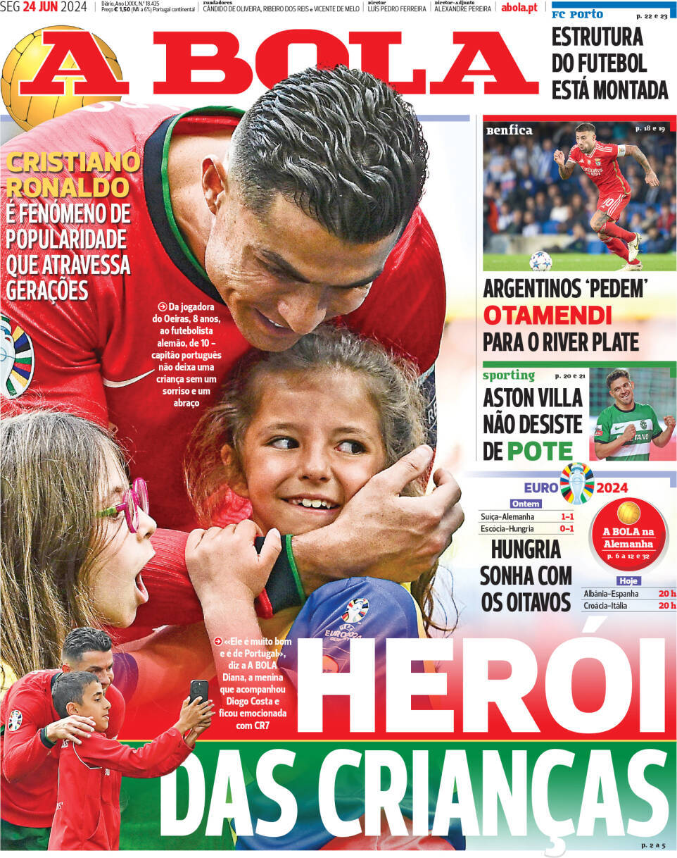 A Bola: Capa da Edi&ccedil;&atilde;o de segunda-feira, 24 de junho 2024