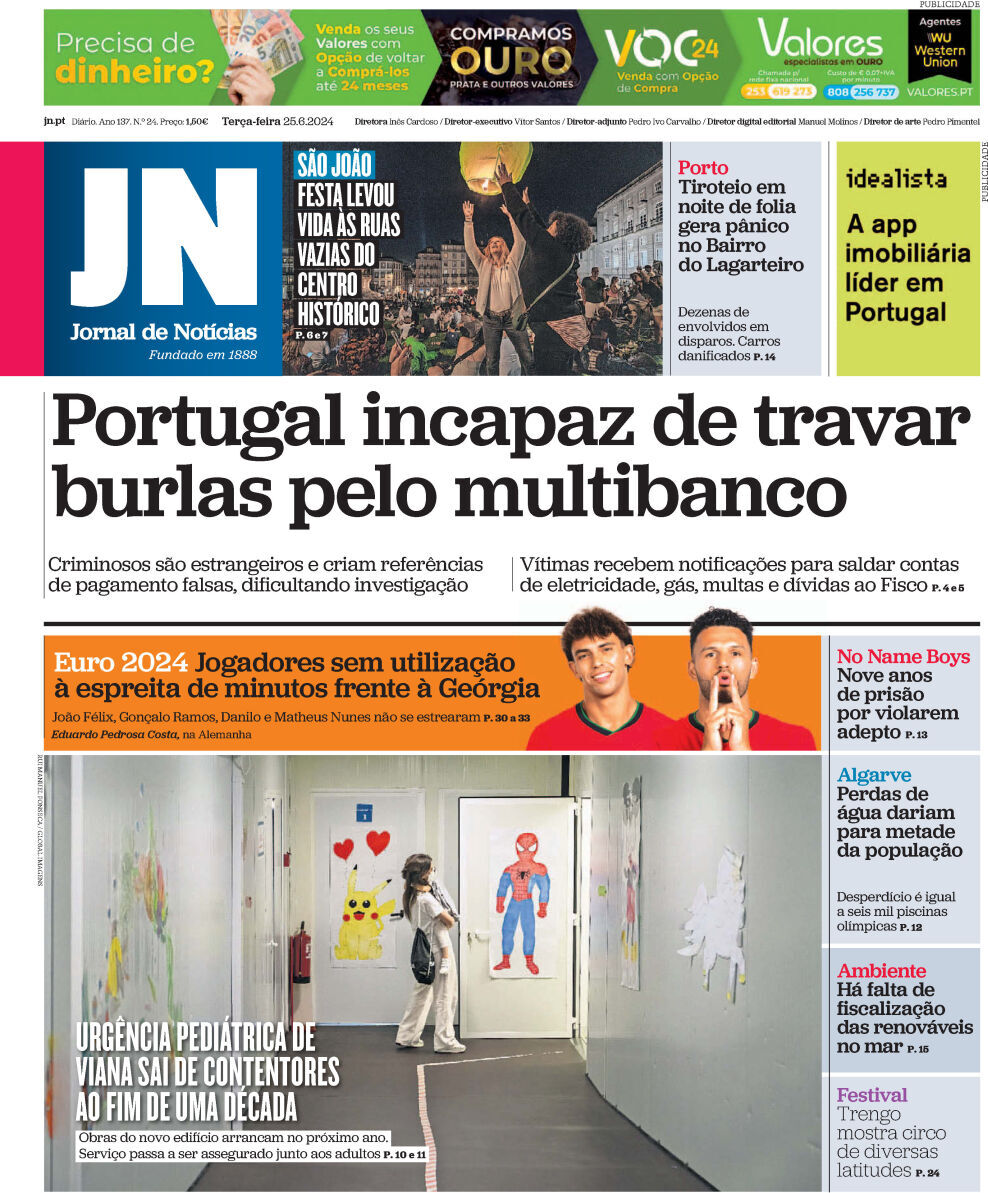 Jornal de Not&iacute;cias: Capa da Edi&ccedil;&atilde;o de ter&ccedil;a-feira, 25 de junho 2024