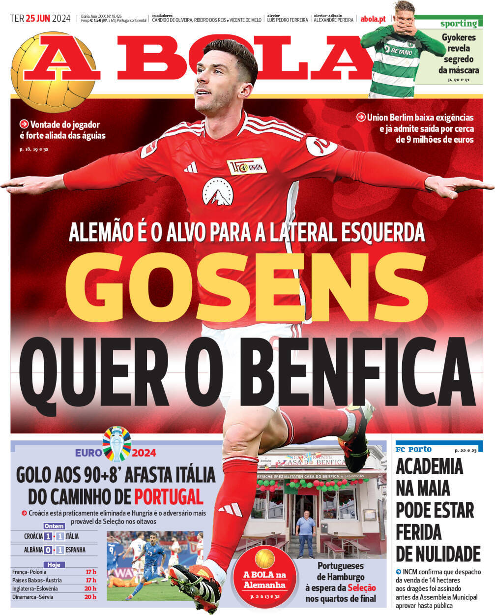 A Bola: Capa da Edi&ccedil;&atilde;o de ter&ccedil;a-feira, 25 de junho 2024