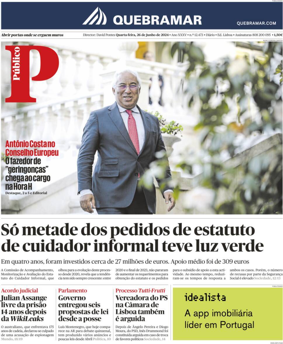 P&uacute;blico: Capa da Edi&ccedil;&atilde;o de quarta-feira, 26 de junho 2024