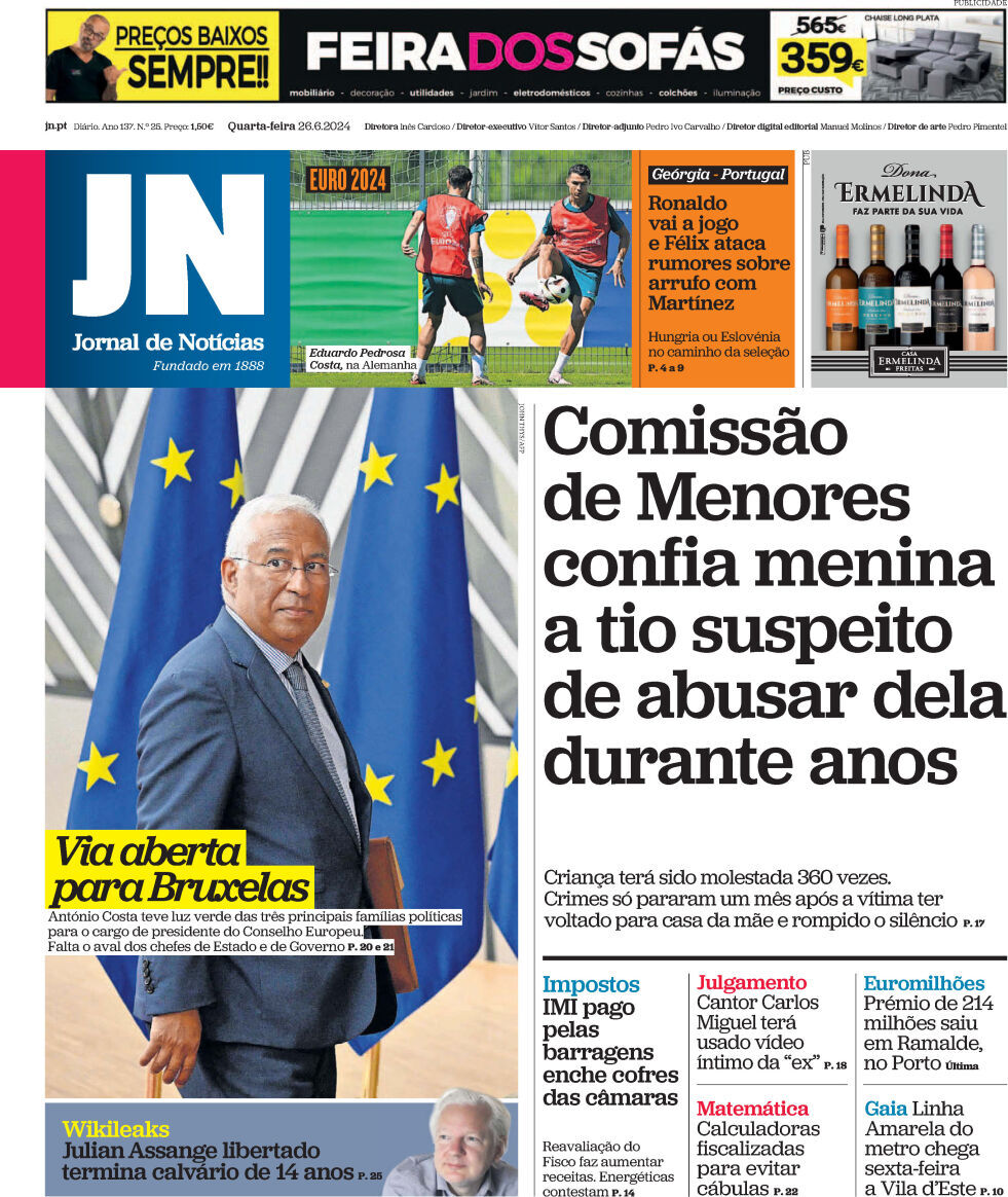 Jornal de Not&iacute;cias: Capa da Edi&ccedil;&atilde;o de quarta-feira, 26 de junho 2024
