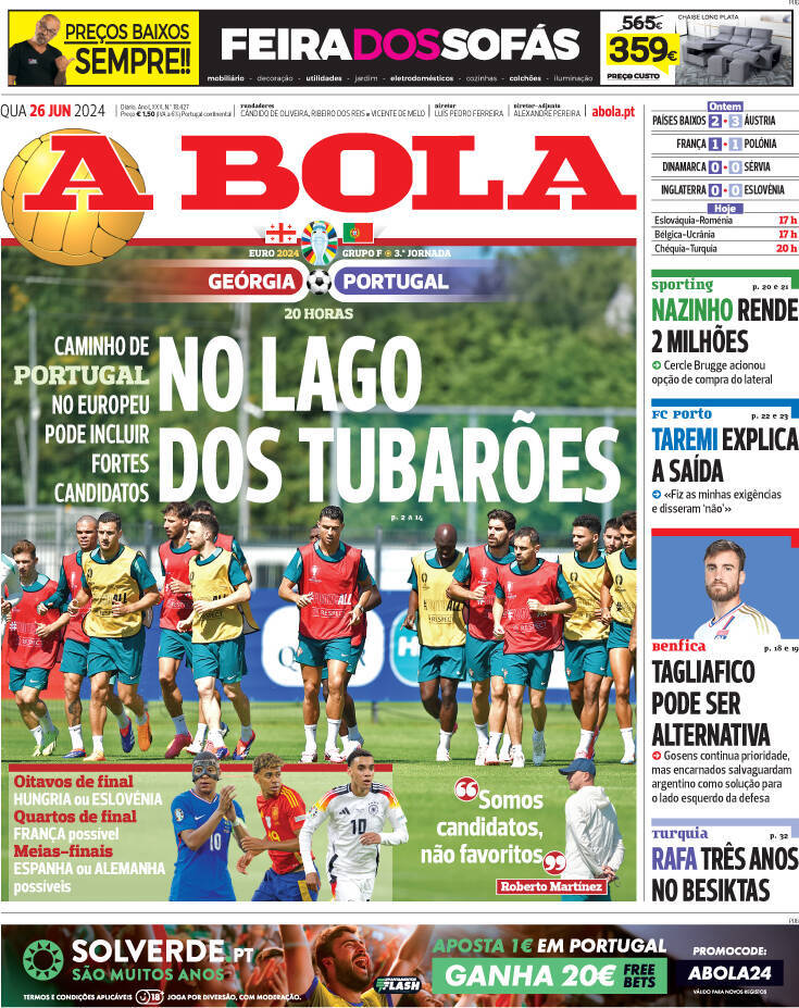 A Bola: Capa da Edi&ccedil;&atilde;o de quarta-feira, 26 de junho 2024