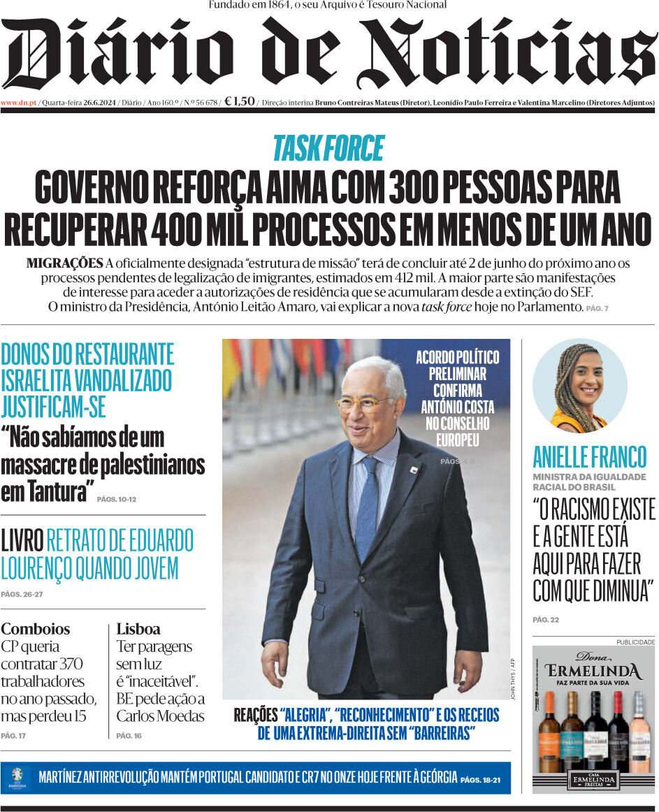 Di&aacute;rio de Not&iacute;cias: Capa da Edi&ccedil;&atilde;o de quarta-feira, 26 de junho 2024