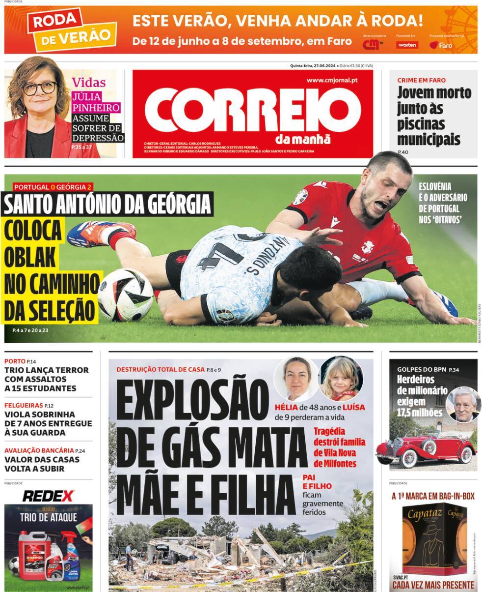 Correio da Manh&atilde;: Capa da Edi&ccedil;&atilde;o de quinta-feira, 27 de junho 2024