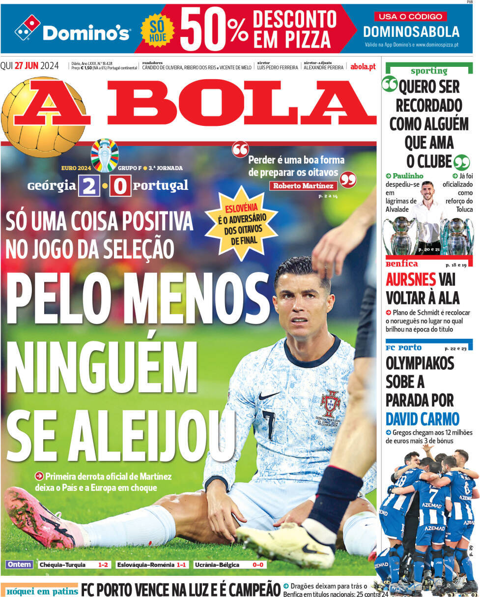 A Bola: Capa da Edi&ccedil;&atilde;o de quinta-feira, 27 de junho 2024