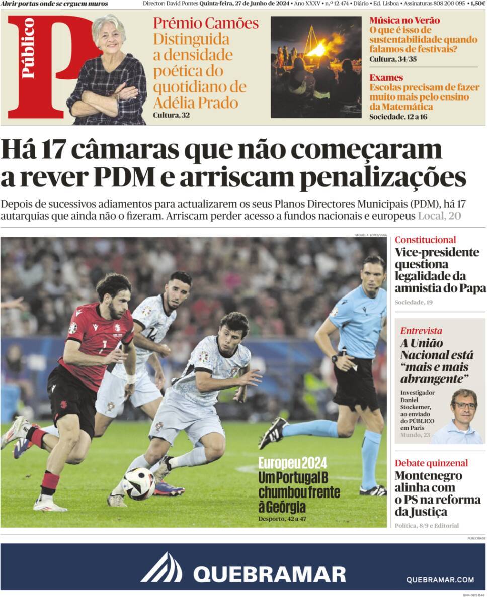 P&uacute;blico: Capa da Edi&ccedil;&atilde;o de quinta-feira, 27 de junho 2024