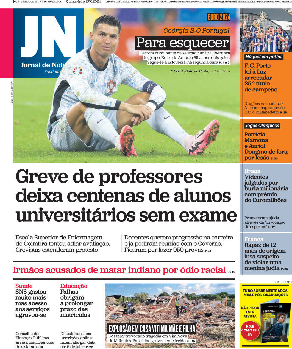 Jornal de Not&iacute;cias: Capa da Edi&ccedil;&atilde;o de quinta-feira, 27 de junho 2024