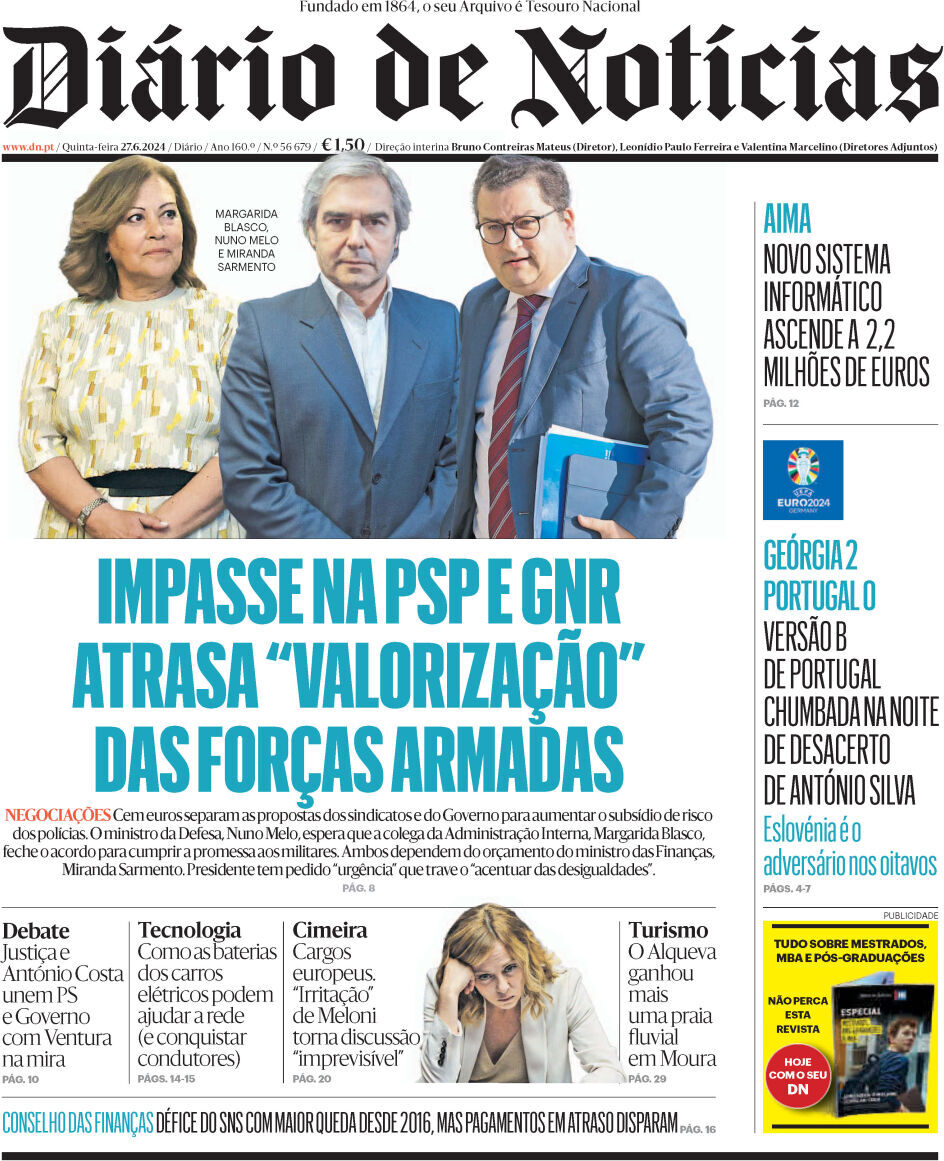 Di&aacute;rio de Not&iacute;cias: Capa da Edi&ccedil;&atilde;o de quinta-feira, 27 de junho 2024