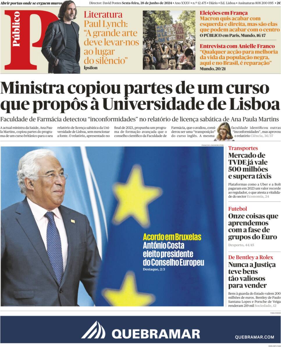 P&uacute;blico: Capa da Edi&ccedil;&atilde;o de sexta-feira, 28 de junho 2024