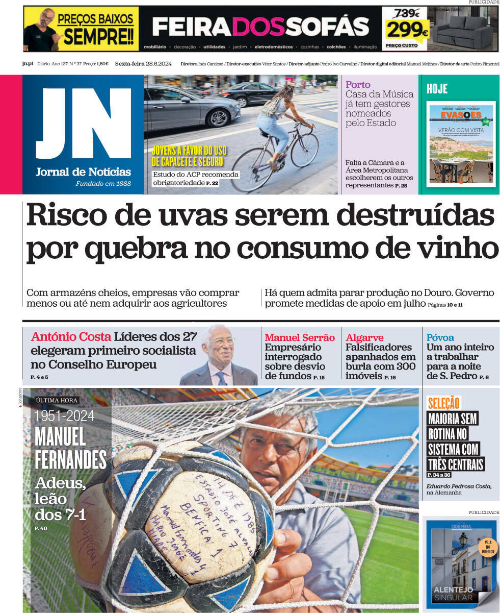 Jornal de Not&iacute;cias: Capa da Edi&ccedil;&atilde;o de sexta-feira, 28 de junho 2024