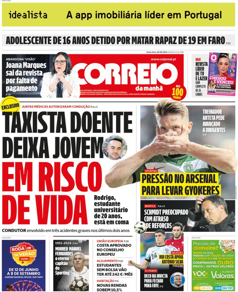 Correio da Manh&atilde;: Capa da Edi&ccedil;&atilde;o de sexta-feira, 28 de junho 2024
