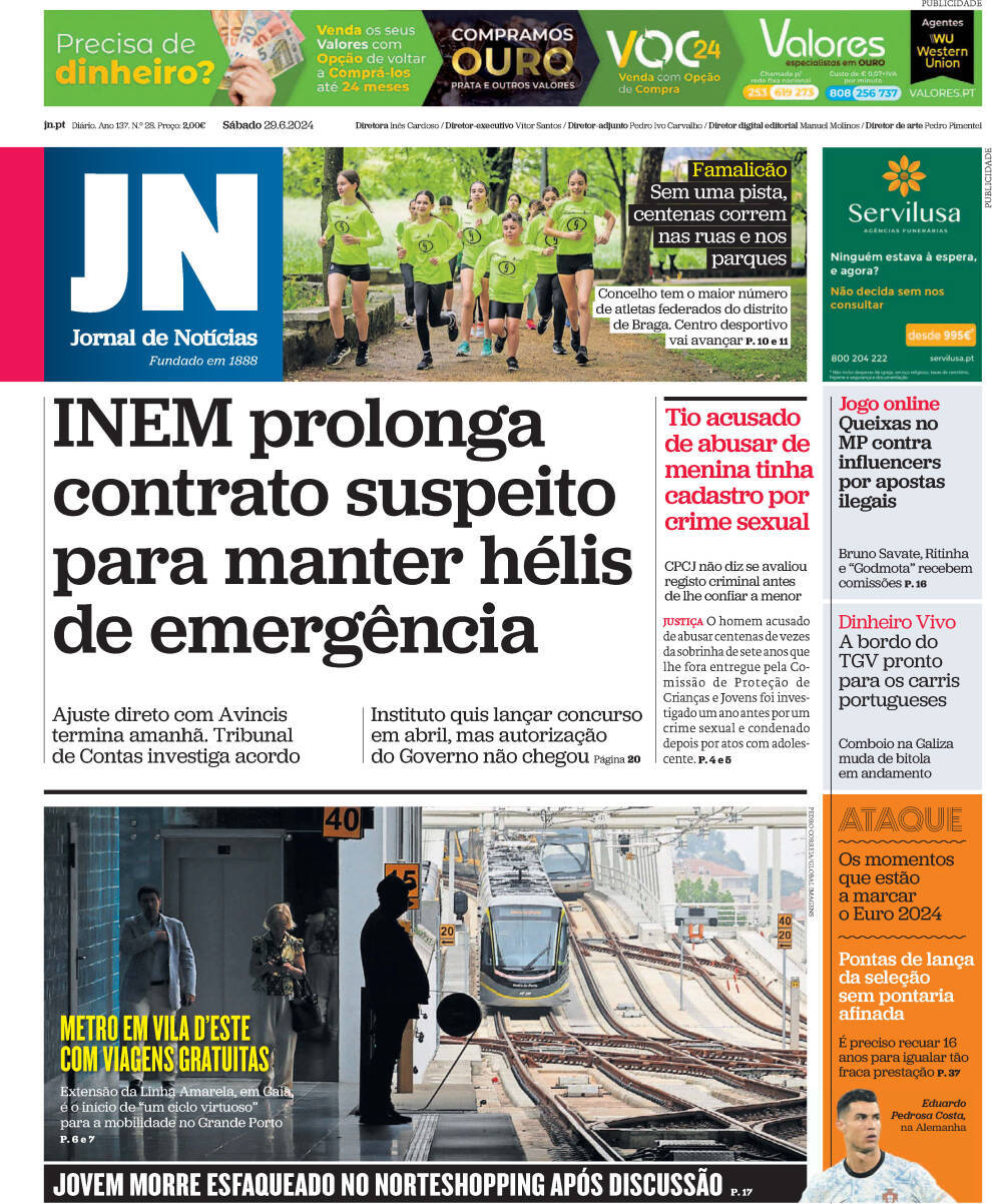 Jornal de Not&iacute;cias: Capa da Edi&ccedil;&atilde;o de s&aacute;bado, 29 de junho 2024