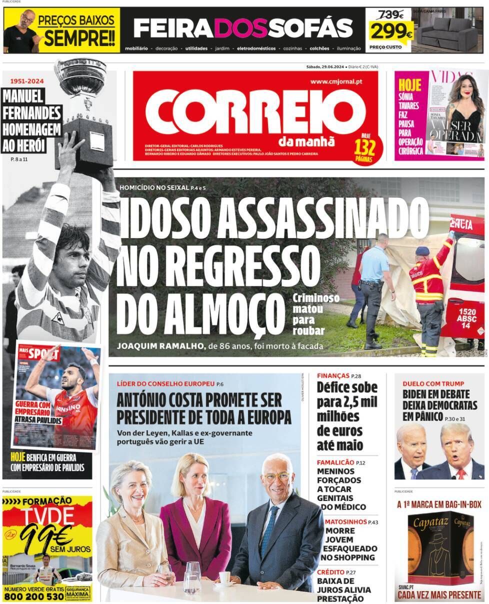 Correio da Manh&atilde;: Capa da Edi&ccedil;&atilde;o de s&aacute;bado, 29 de junho 2024