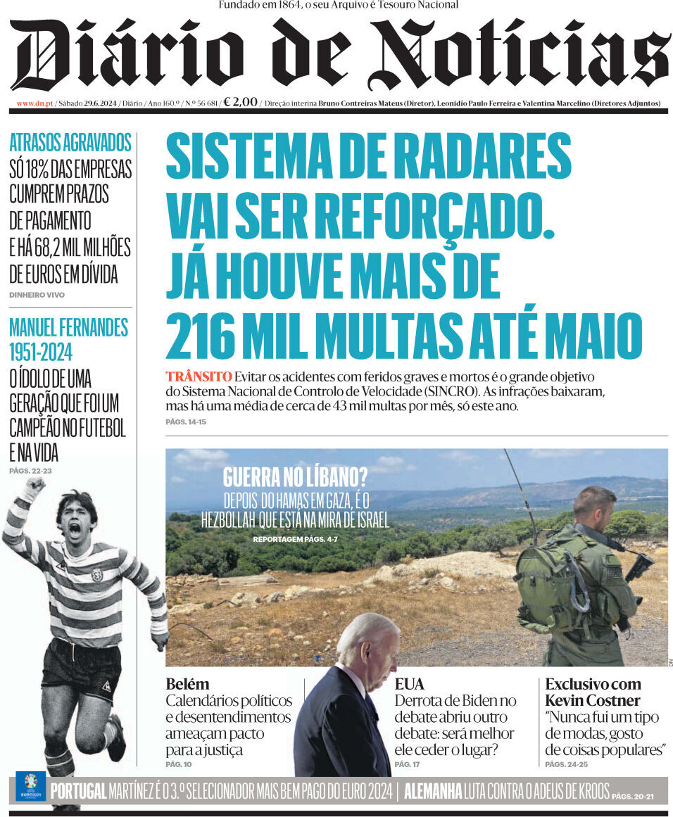 Di&aacute;rio de Not&iacute;cias: Capa da Edi&ccedil;&atilde;o de s&aacute;bado, 29 de junho 2024