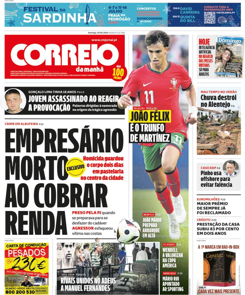 Correio da Manh&atilde;: Capa da Edi&ccedil;&atilde;o de domingo, 30 de junho 2024