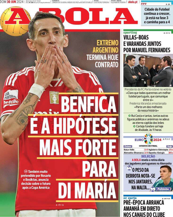 A Bola: Capa da Edi&ccedil;&atilde;o de domingo, 30 de junho 2024