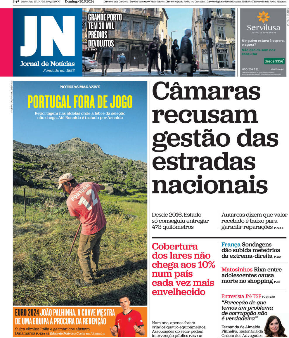 Jornal de Not&iacute;cias: Capa da Edi&ccedil;&atilde;o de domingo, 30 de junho 2024