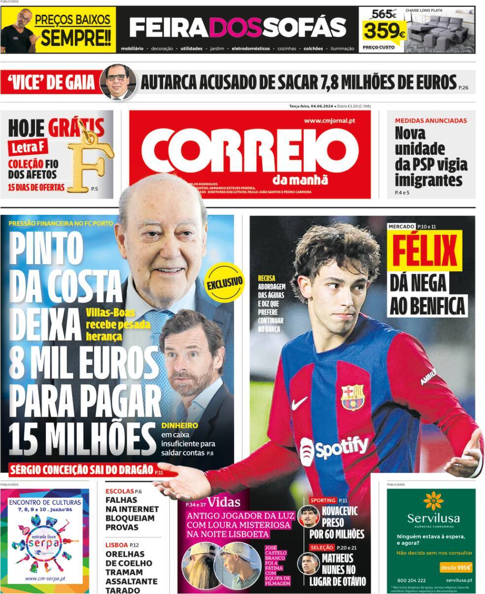 Correio da Manh&atilde;: Capa da Edi&ccedil;&atilde;o de ter&ccedil;a-feira, 04 de junho 2024