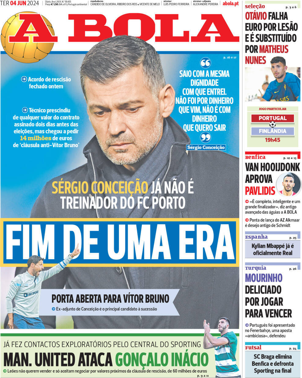 A Bola: Capa da Edi&ccedil;&atilde;o de ter&ccedil;a-feira, 04 de junho 2024