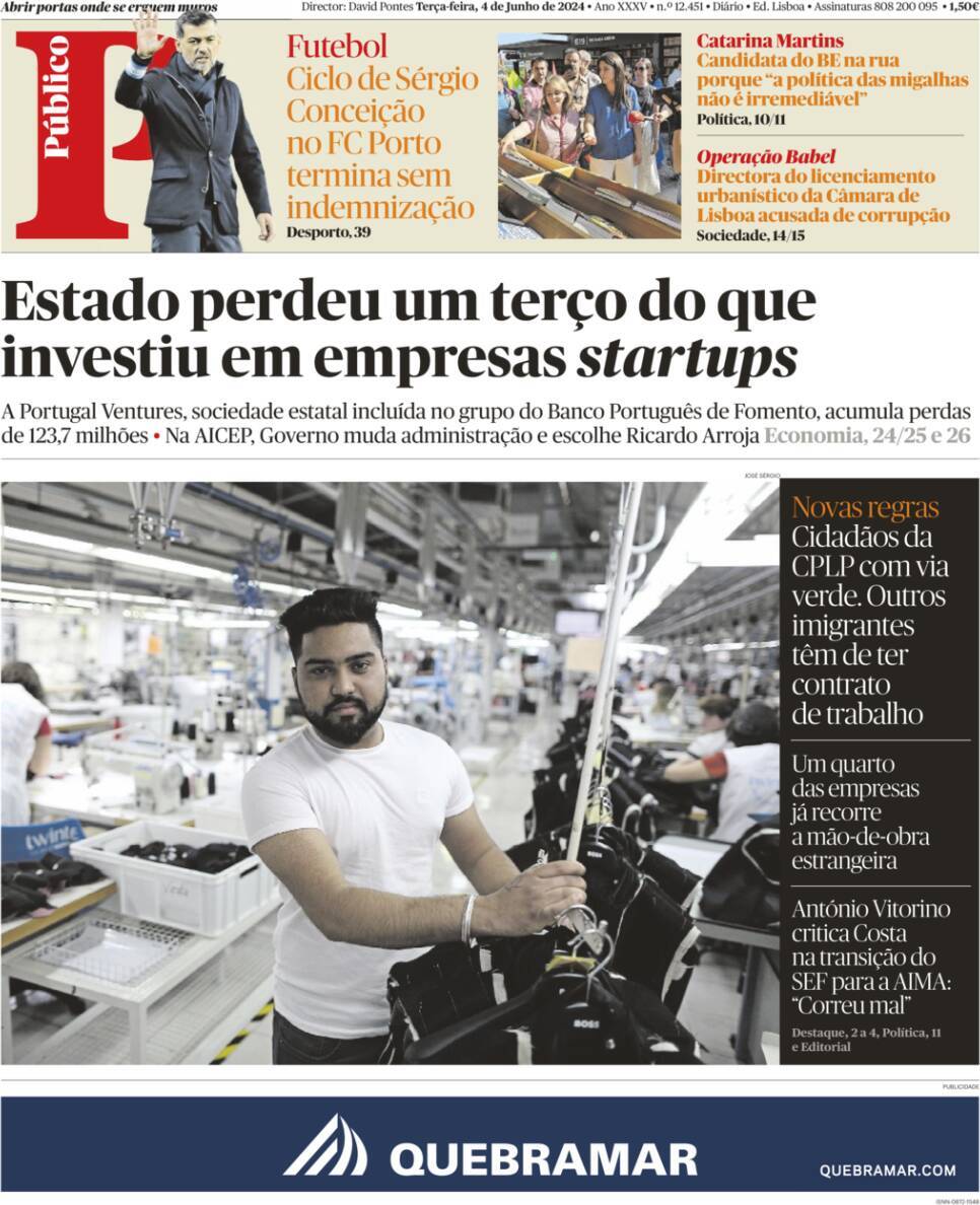 P&uacute;blico: Capa da Edi&ccedil;&atilde;o de ter&ccedil;a-feira, 04 de junho 2024