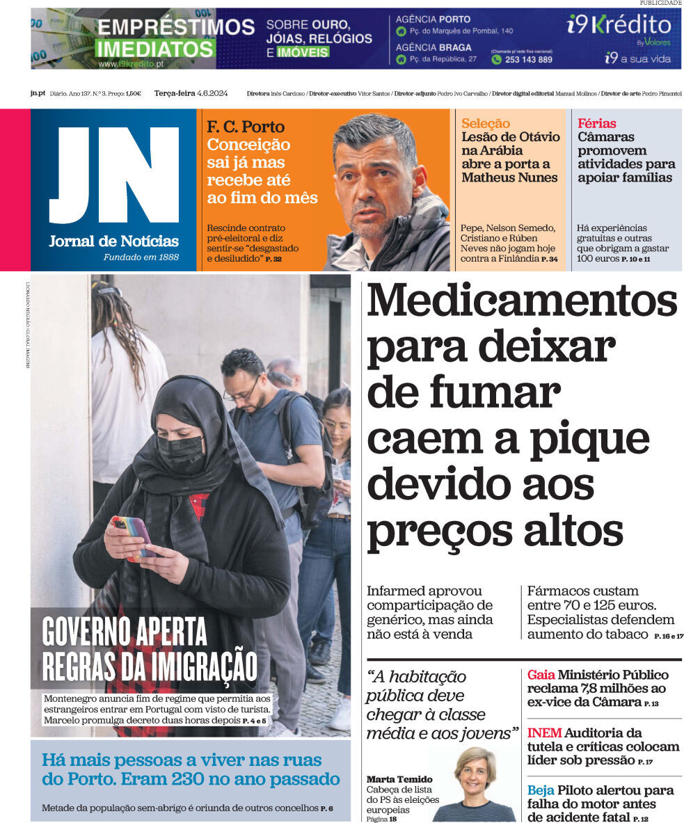 Jornal de Not&iacute;cias: Capa da Edi&ccedil;&atilde;o de ter&ccedil;a-feira, 04 de junho 2024