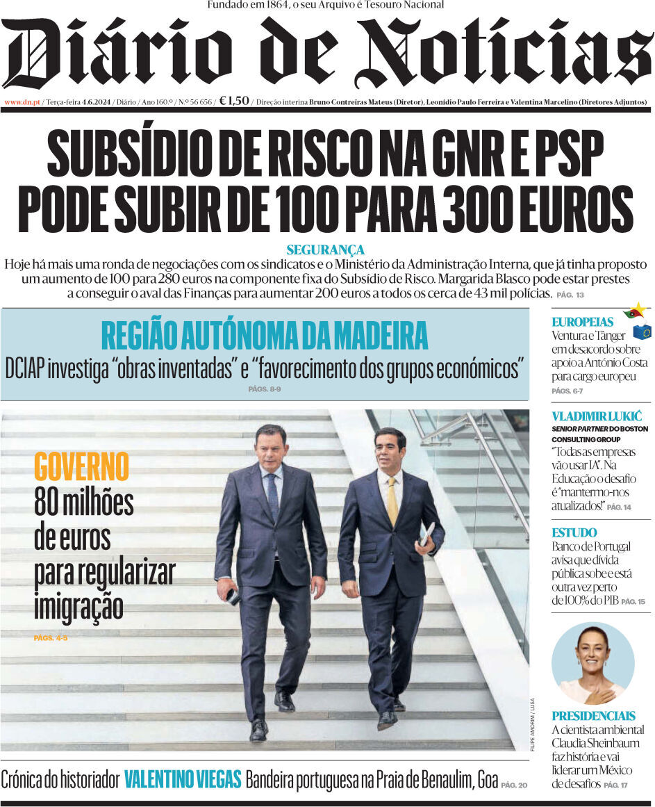 Di&aacute;rio de Not&iacute;cias: Capa da Edi&ccedil;&atilde;o de ter&ccedil;a-feira, 04 de junho 2024