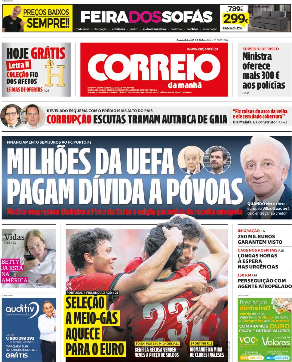 Correio da Manh&atilde;: Capa da Edi&ccedil;&atilde;o de quarta-feira, 05 de junho 2024