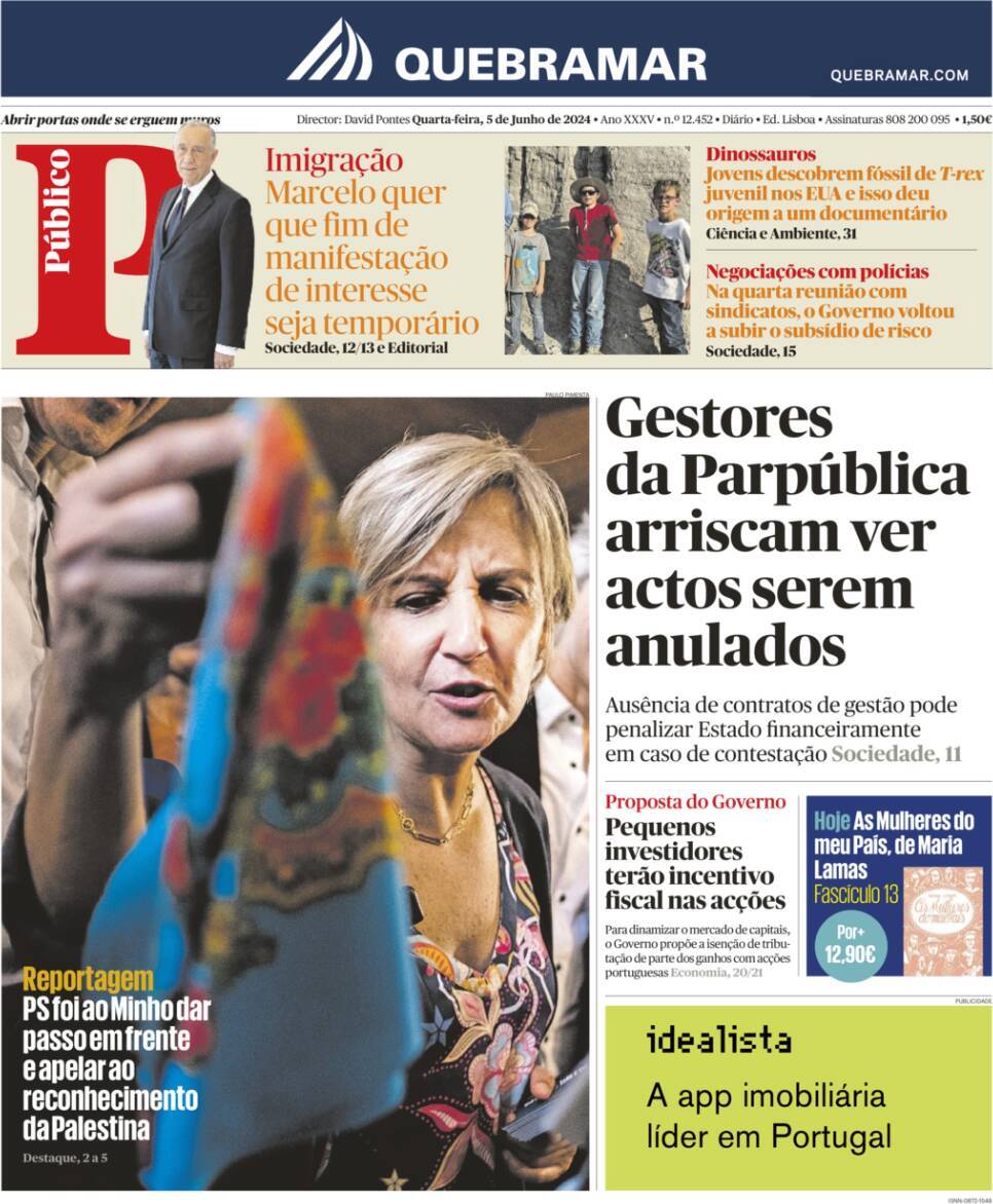 P&uacute;blico: Capa da Edi&ccedil;&atilde;o de quarta-feira, 05 de junho 2024