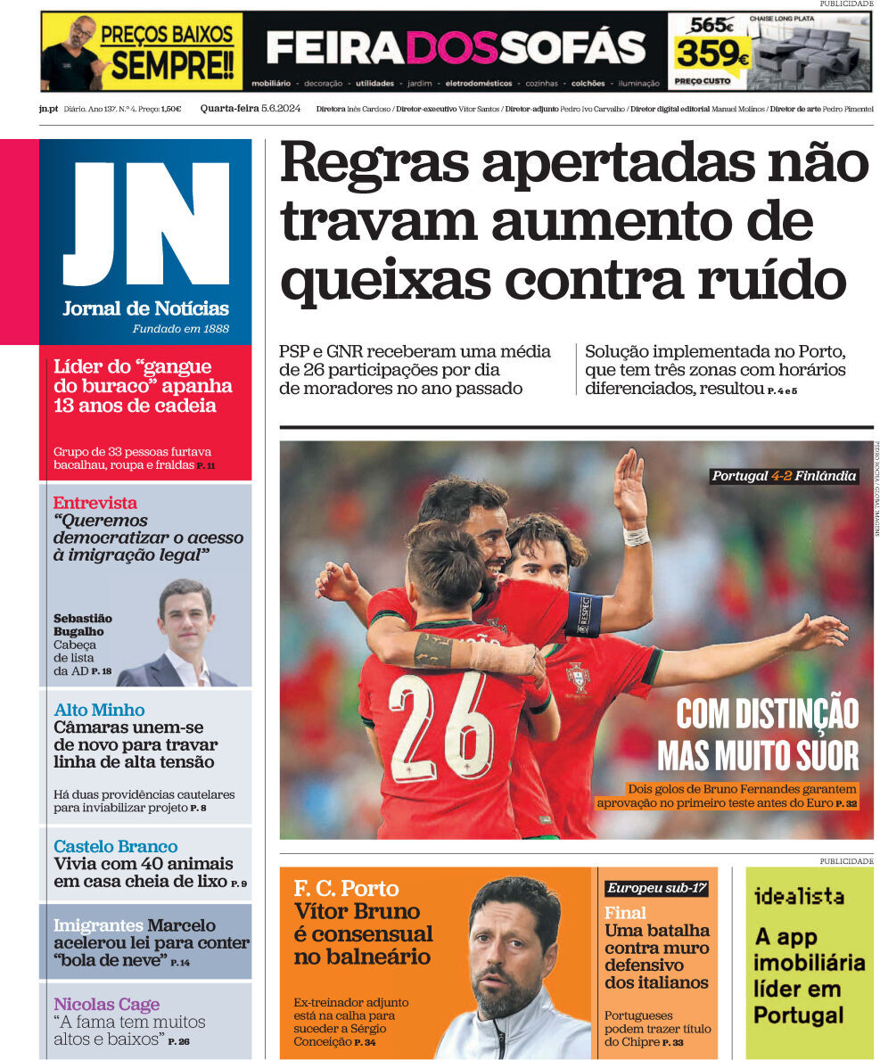 Jornal de Not&iacute;cias: Capa da Edi&ccedil;&atilde;o de quarta-feira, 05 de junho 2024