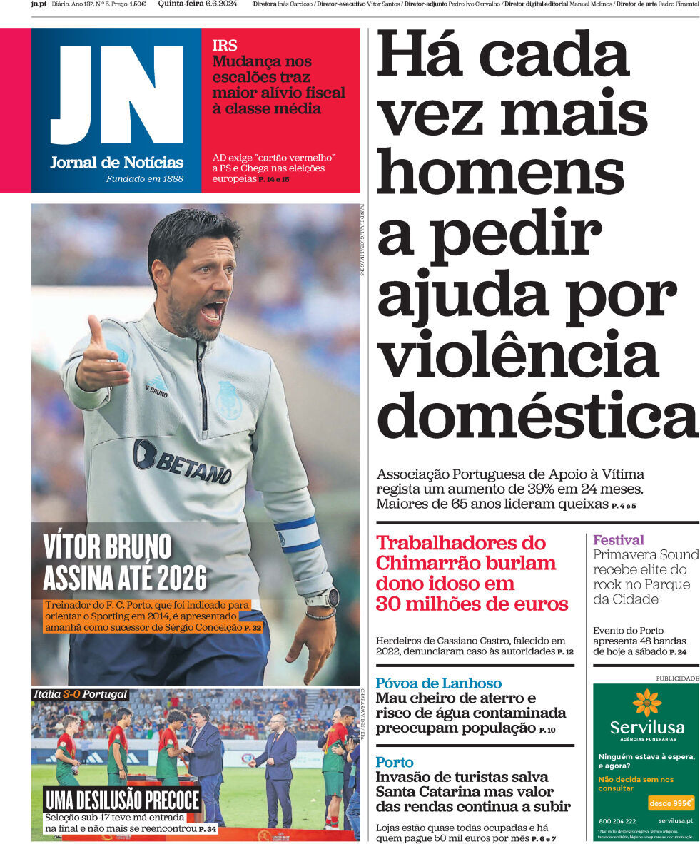 Jornal de Not&iacute;cias: Capa da Edi&ccedil;&atilde;o de quinta-feira, 06 de junho 2024