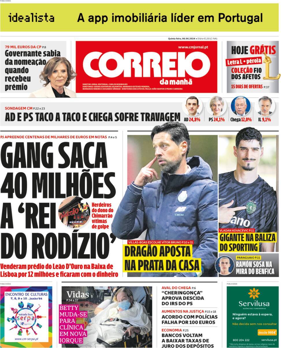 Correio da Manh&atilde;: Capa da Edi&ccedil;&atilde;o de quinta-feira, 06 de junho 2024