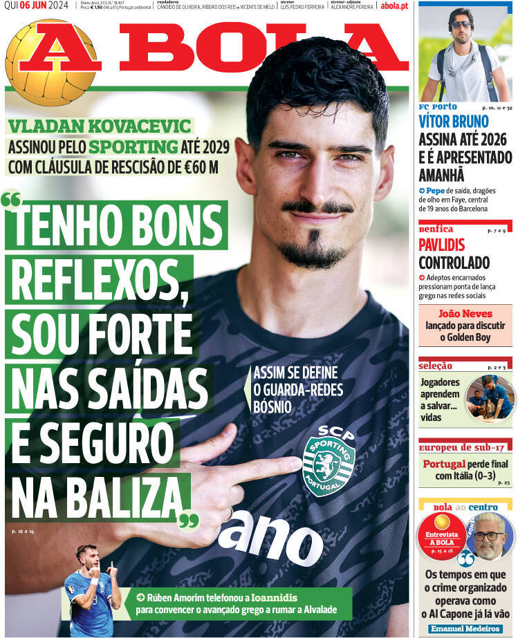 A Bola: Capa da Edi&ccedil;&atilde;o de quinta-feira, 06 de junho 2024
