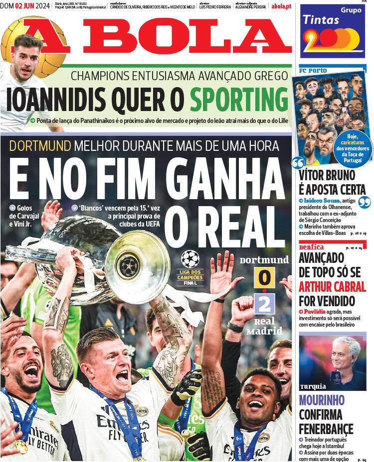A Bola: Capa da Edi&ccedil;&atilde;o de domingo, 02 de junho 2024