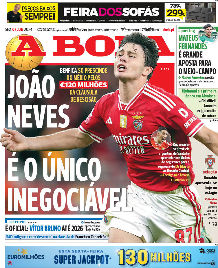 A Bola: Capa da Edi&ccedil;&atilde;o de sexta-feira, 07 de junho 2024