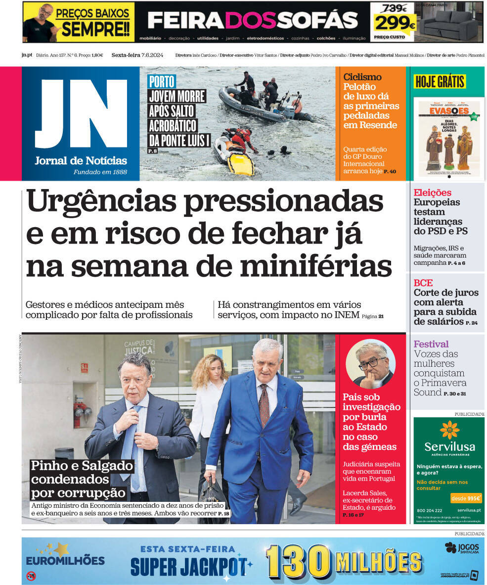 Jornal de Not&iacute;cias: Capa da Edi&ccedil;&atilde;o de sexta-feira, 07 de junho 2024