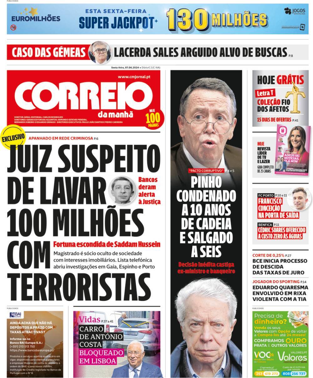 Correio da Manh&atilde;: Capa da Edi&ccedil;&atilde;o de sexta-feira, 07 de junho 2024